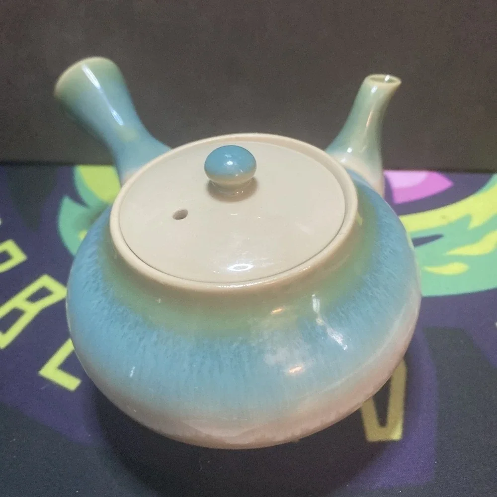 Rare Japanese Pottery Teapot Kyusu Blue & Brown Clean Nice
